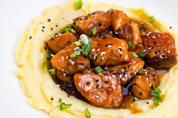 Salmon with Teriyaki, Mashed Potatoes, Poke Sauce & Green Onion