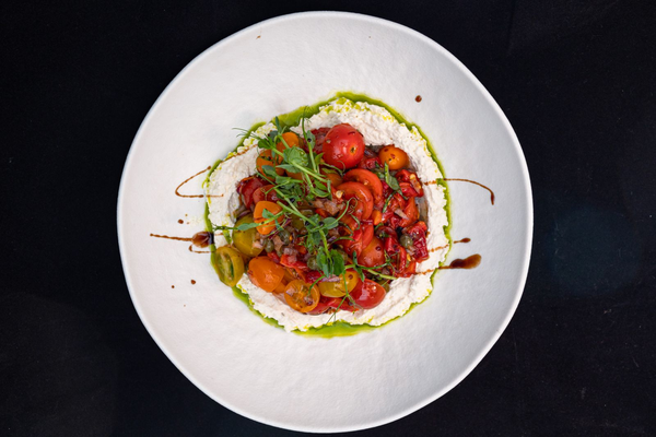SALAD WITH CHERRY TOMATO, GRILLED PEPPERS & FETA MOUS